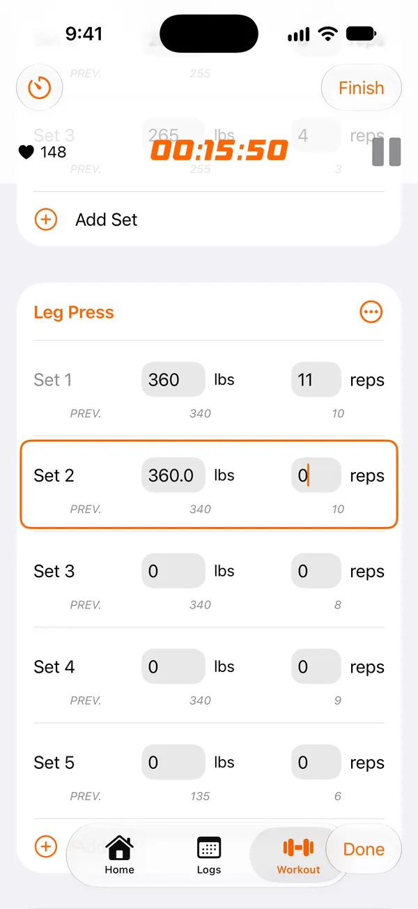 GymGod gym log showing last session's weights and reps during a leg press